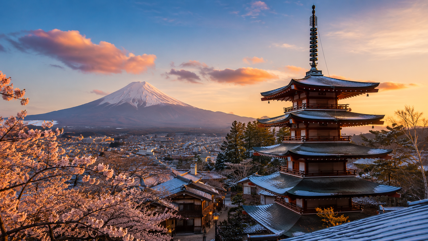 Traditional Japanese pagoda overlooking Mount Fuji at sunrise, with cherry blossoms, snow-capped peaks, and historic rooftops in Japan.