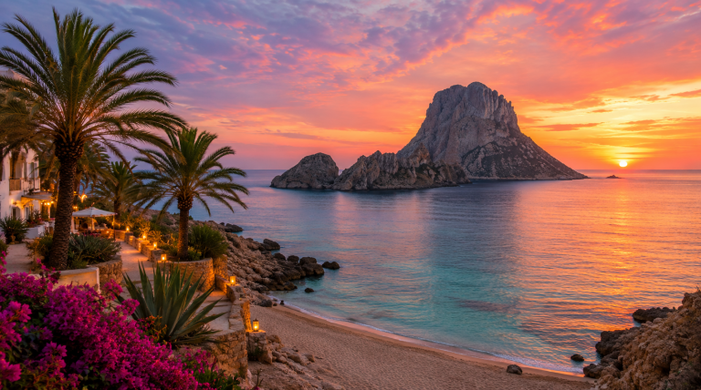 Mediterranean sunset over Es Vedr&agrave; in Ibiza, Spain, with palm trees, rocky coastline, turquoise water, and vibrant pink and orange clouds.