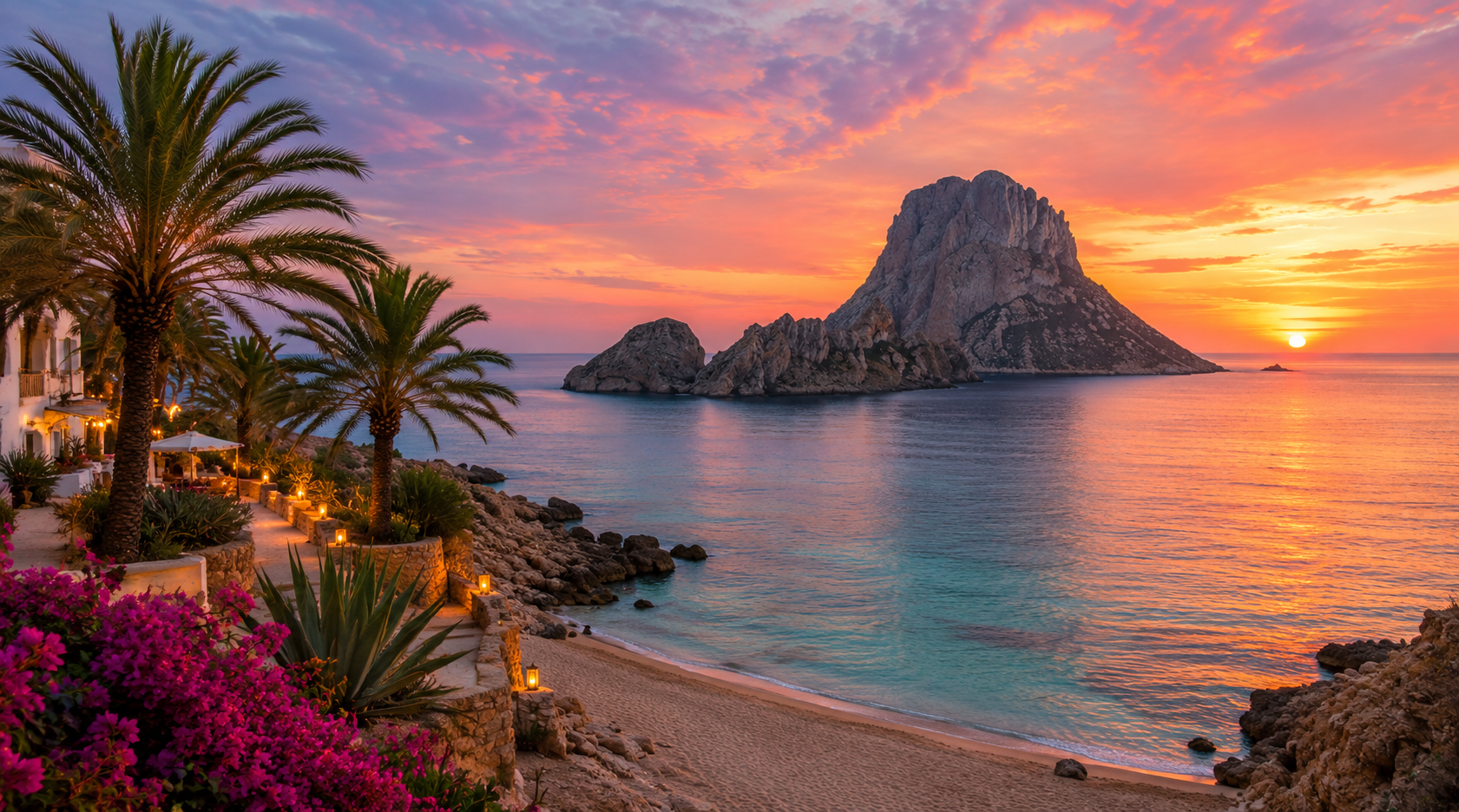 Mediterranean sunset over Es Vedr&agrave; in Ibiza, Spain, with palm trees, rocky coastline, turquoise water, and vibrant pink and orange clouds.