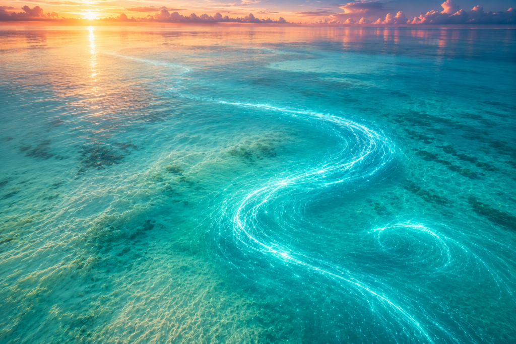 Turquoise ocean water with a swirling current illuminated by sunlight