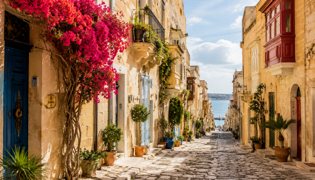 Picturesque Mediterranean village street with colorful flowers and historic stone buildings, reflecting the appeal of relocating abroad.