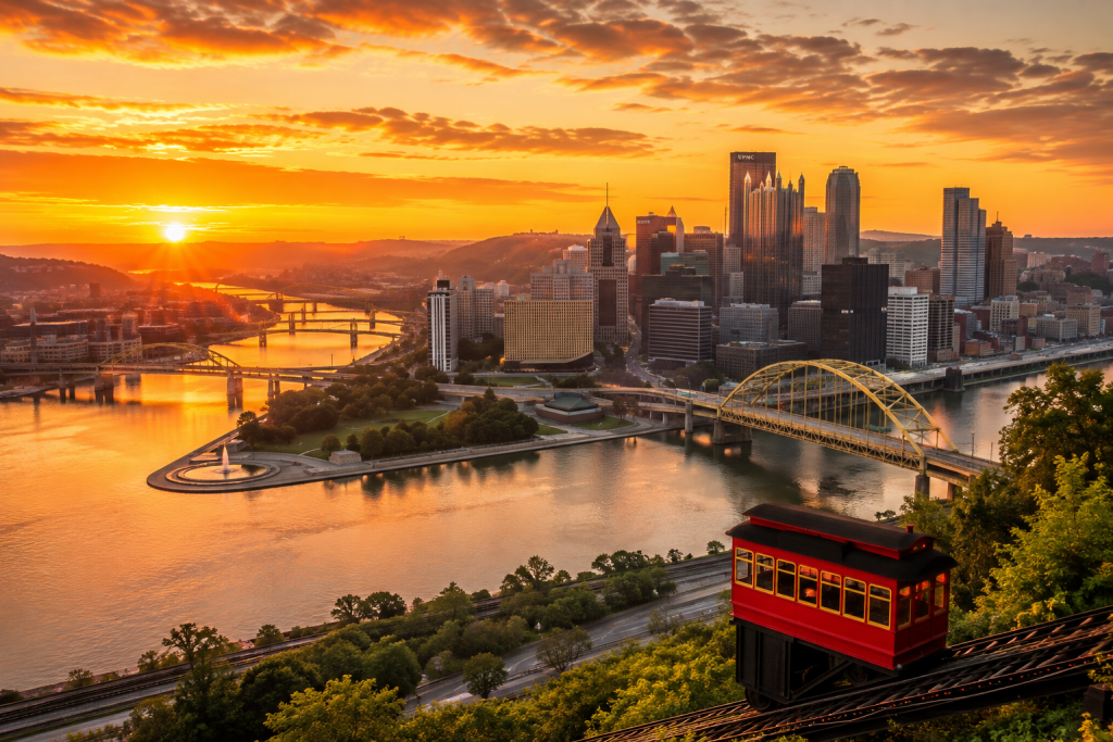 Pittsburgh skyline at sunrise, with golden bridges spanning the rivers and the Duquesne Incline overlooking downtown.