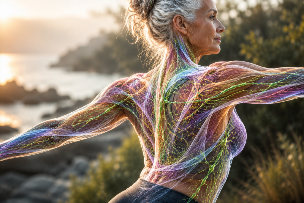 Older athletic woman stretching with a vibrant visualization of fascia and lymphatic pathways throughout her upper body.
