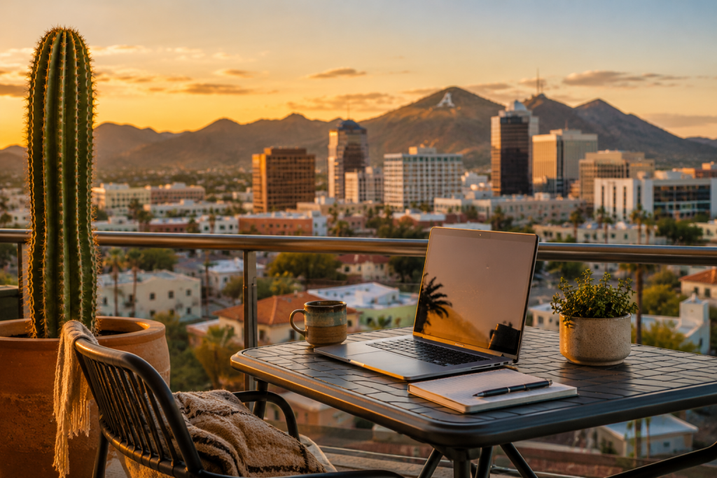 Laptop workspace overlooking downtown Tucson and the surrounding Arizona mountains at sunset.