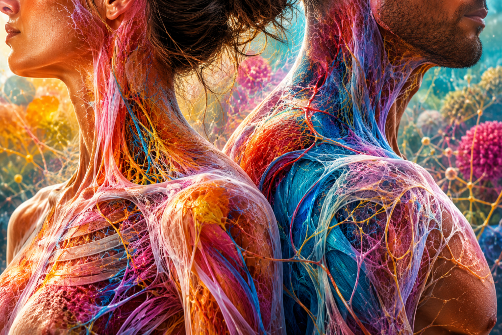 Vibrant anatomical illustration of a woman and man showing interconnected muscles, fascia, nerves and blood vessels.
