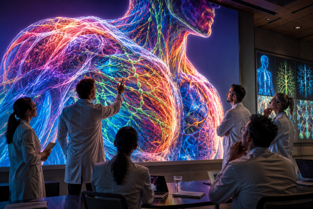 Medical researchers examine a vibrant visualization of fascia, lymphatic pathways and interconnected systems of the human body.