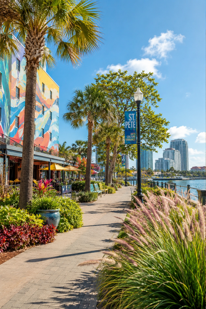St. Petersburg, Florida waterfront promenade lined with palm trees, lush landscaping, colorful murals and downtown buildings under a bright blue sky.