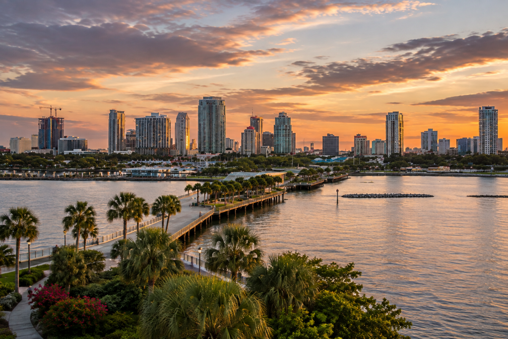 St. Petersburg, Florida skyline at sunset, with palm trees along the waterfront and warm orange light reflecting across Tampa Bay.