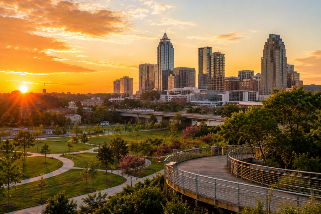 Raleigh, North Carolina skyline at sunset, with downtown buildings framed by green parkland, flowering trees and a colorful evening sky.