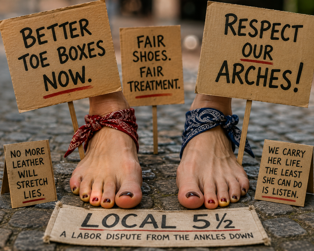 Bare feet stand on a cobblestone street surrounded by handmade picket signs demanding better shoes and working conditions.