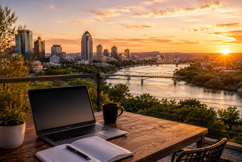 Remote work setup overlooking an American city skyline and river at sunset, reflecting the changing geography of where people can live and work.
