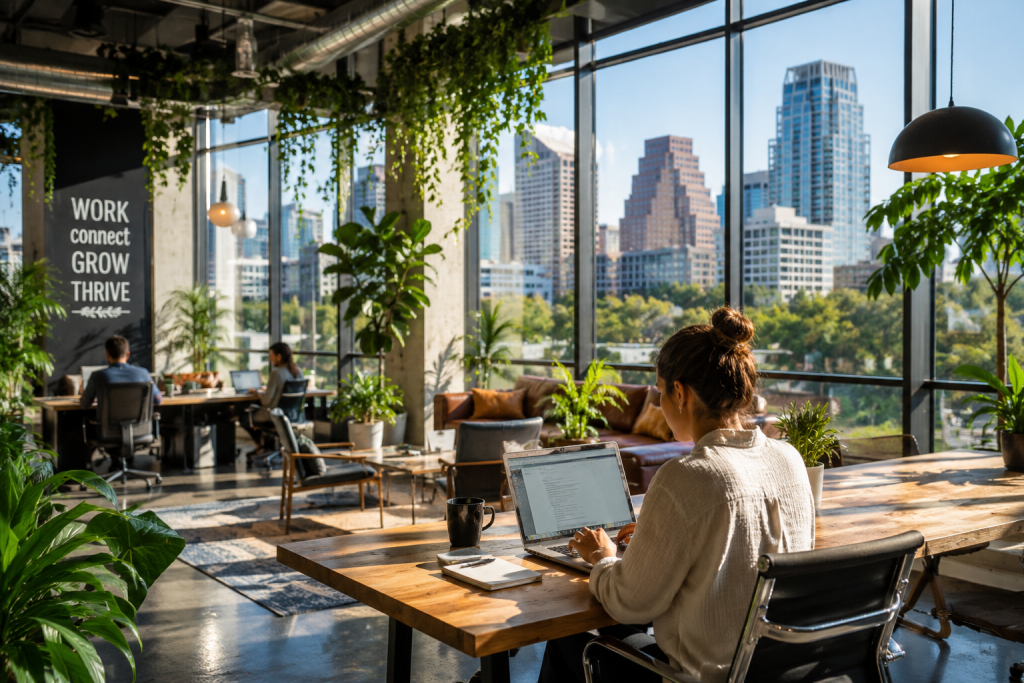 Remote worker working on a laptop in a bright modern coworking space overlooking a U.S. city skyline.