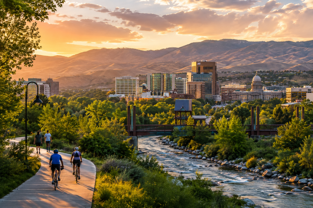 Boise, Idaho at sunset, with cyclists along the Boise River Greenbelt, downtown buildings, lush trees and the foothills in the distance.