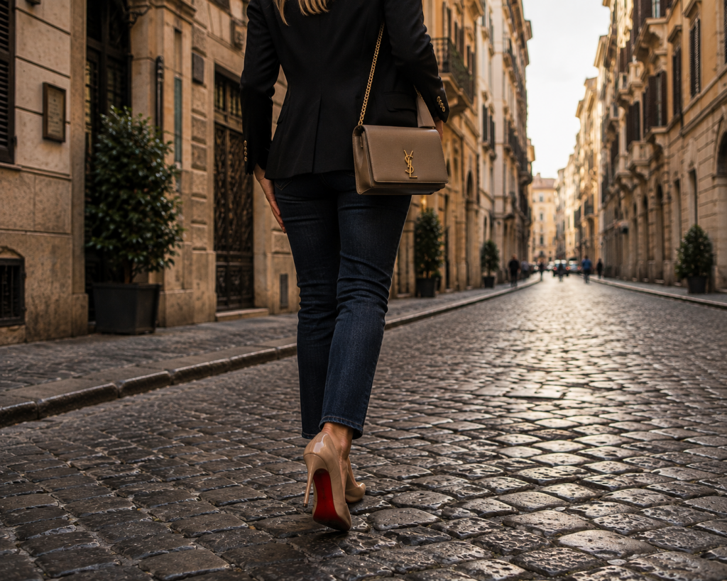 A woman in nude high heels walks across a cobblestone street.