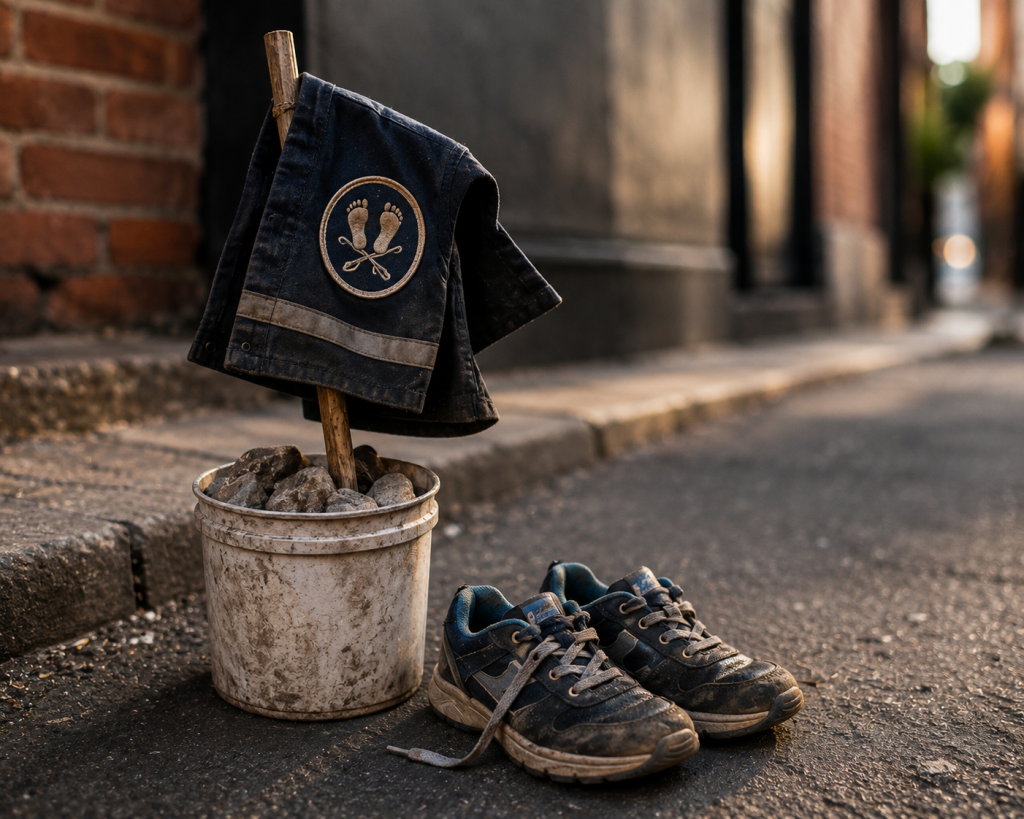 A pair of worn sneakers sits beside a rock-filled bucket holding a stick and work jacket with a union-style patch.