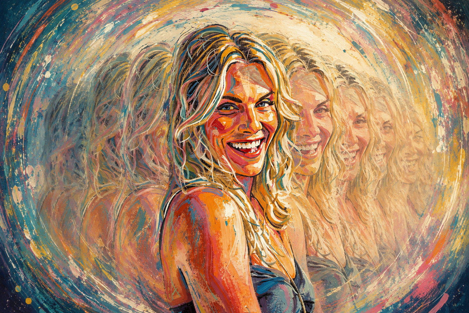 Colorful painterly portrait of Meggen Harris surrounded by swirling rings and repeated, fading versions of herself.