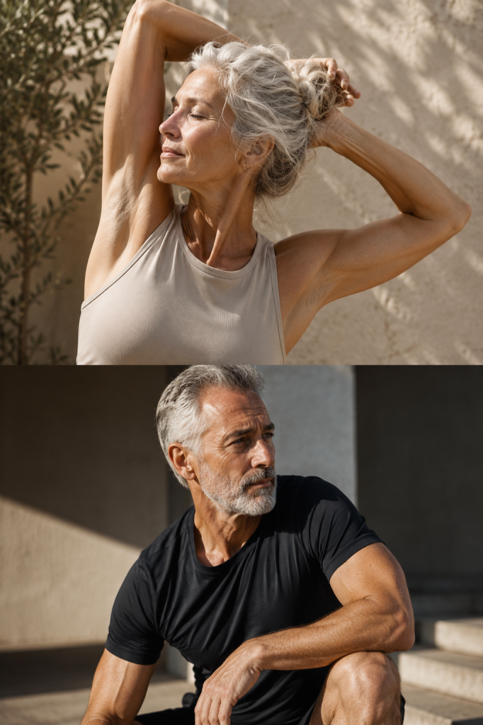Older woman stretching and older man in a grounded pose, illustrating how fascia and the lymphatic system may age differently in women and men