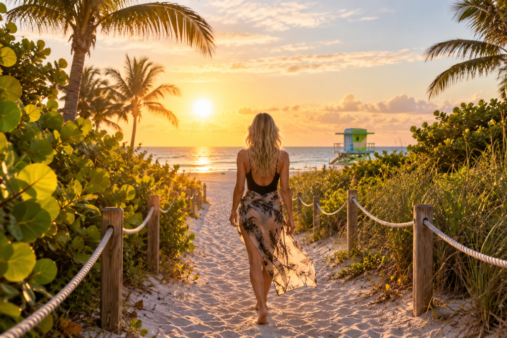 Meggen Harris walking toward the beach in Miami at sunset, surrounded by palms and coastal greenery.