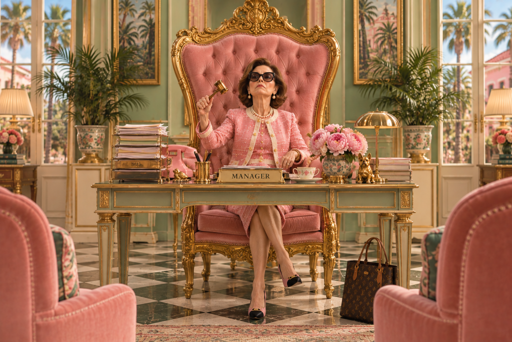 A woman sits imperiously on an oversized throne, clutching a tiny gavel in a playful illustration of how small amounts of power can inspire outsized authority.
