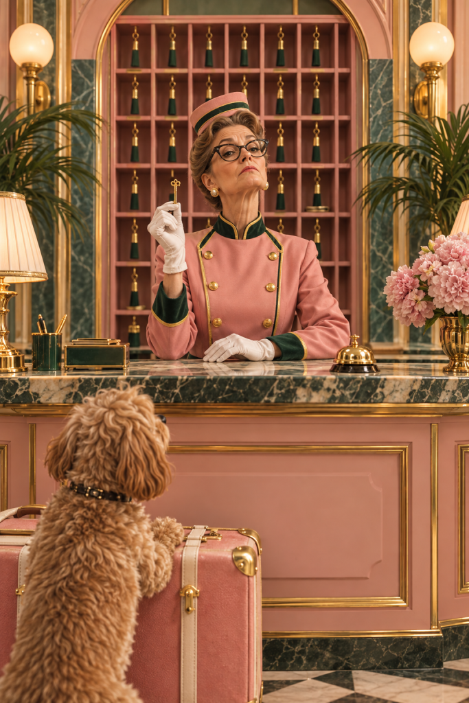 Imperious hotel concierge holds up a tiny gold key while a dog waits at the front desk with its pink suitcase.
