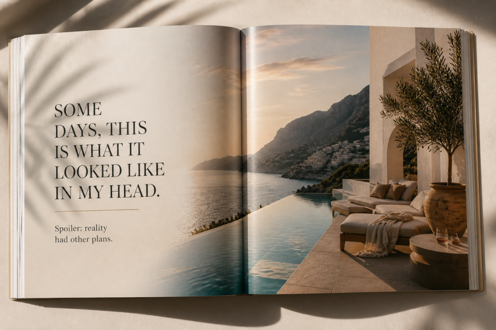 Open magazine spread overlooking a Mediterranean coast with the words &ldquo;Some days, this is what it looked like in my head.
