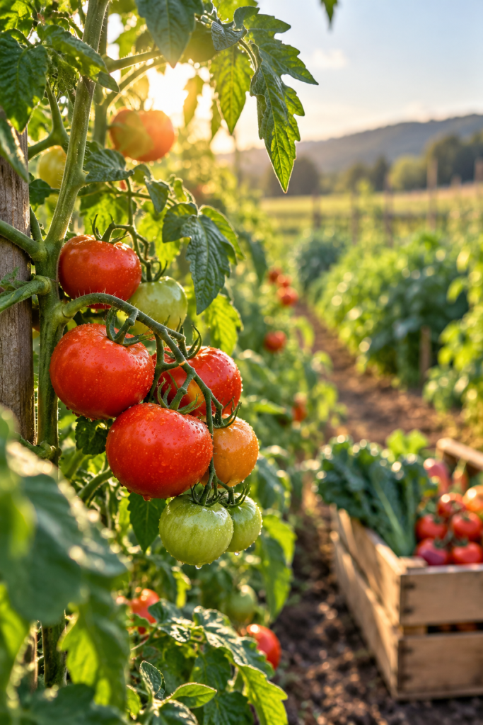 Ripe red and green tomatoes growing on the vine in a sunlit vegetable field.