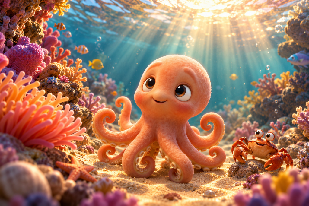 A young orange octopus explores a colorful coral reef with a small crab as golden sunlight streams through the water and fish swim above.