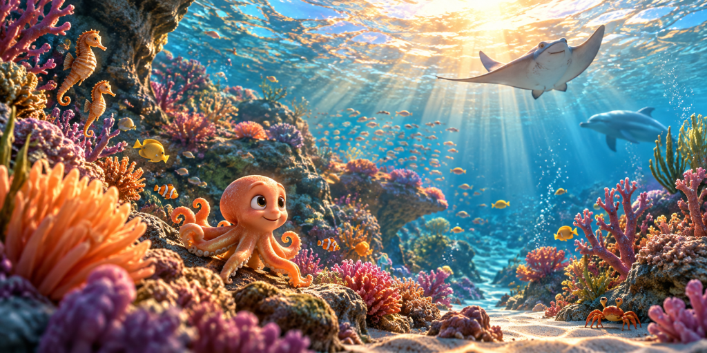 A young orange octopus explores a colorful coral reef as sunlight streams through blue water, with seahorses, fish, a stingray, and a small crab nearby.