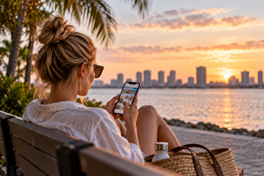 Woman scrolling social media on her phone while sitting on a waterfront bench at sunset.