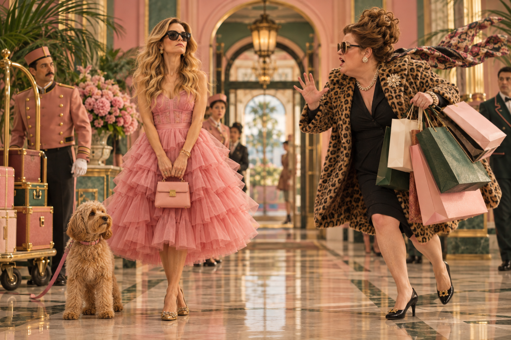 Poised blonde woman stands her ground in an elegant hotel lobby as an agitated woman approaches carrying shopping bags.