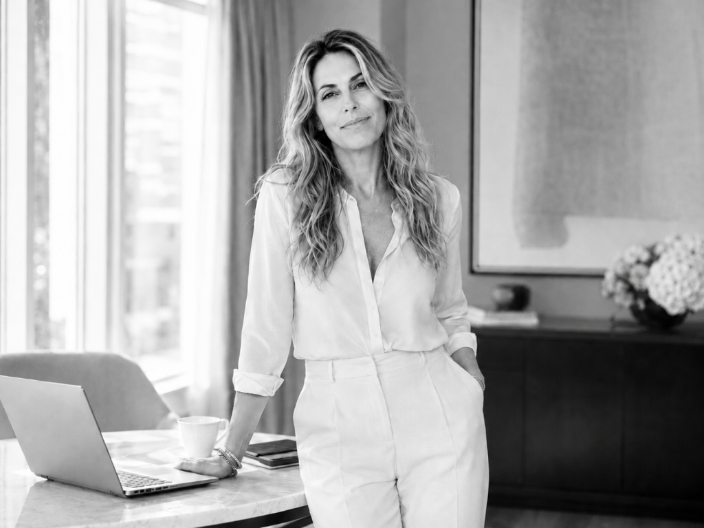 Writer and storyteller Meggen Harris standing beside her laptop in her workspace.