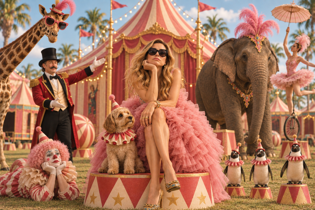 Glamorous blonde woman sits unimpressed amid an extravagant circus of clowns, performers, penguins, a giraffe, and an elephant.