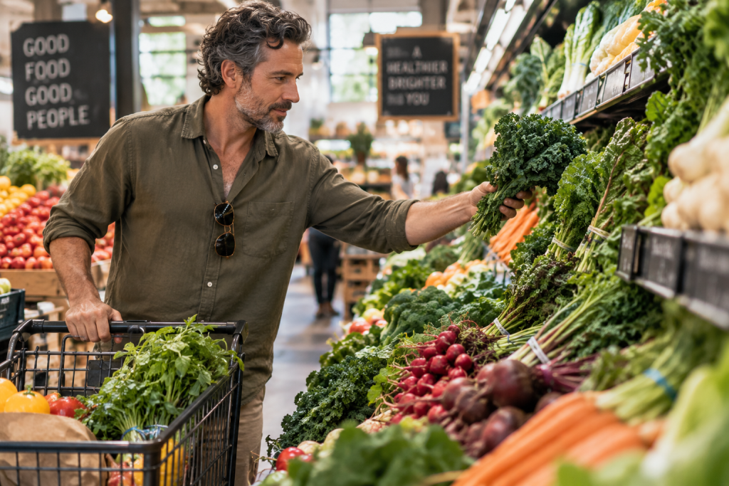 Man shopping for fresh produce selects leafy greens in a grocery store produce aisle.
