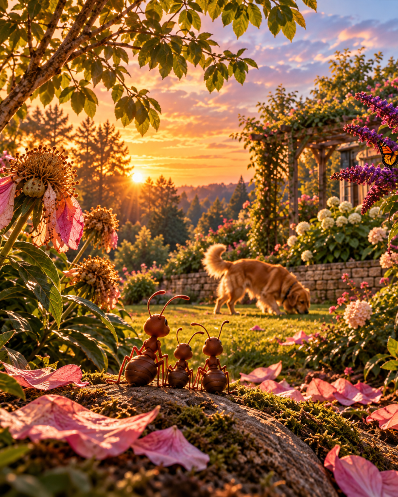 Three ants sit together in a flower-filled garden at sunset as a golden dog explores the grass nearby.