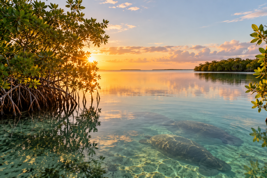 Manatees swimming in calm, clear Florida waters surrounded by mangroves at sunset.