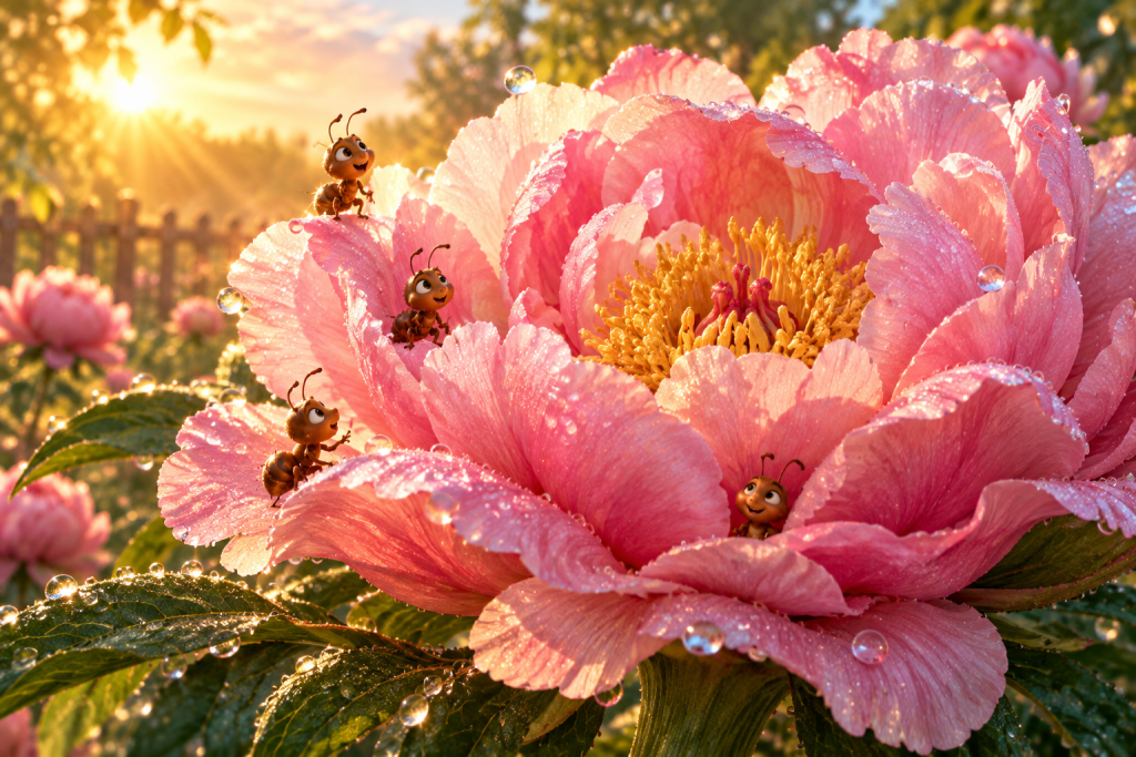 Four ants explore a fully opened pink peony covered in morning dew and glowing in warm sunlight.