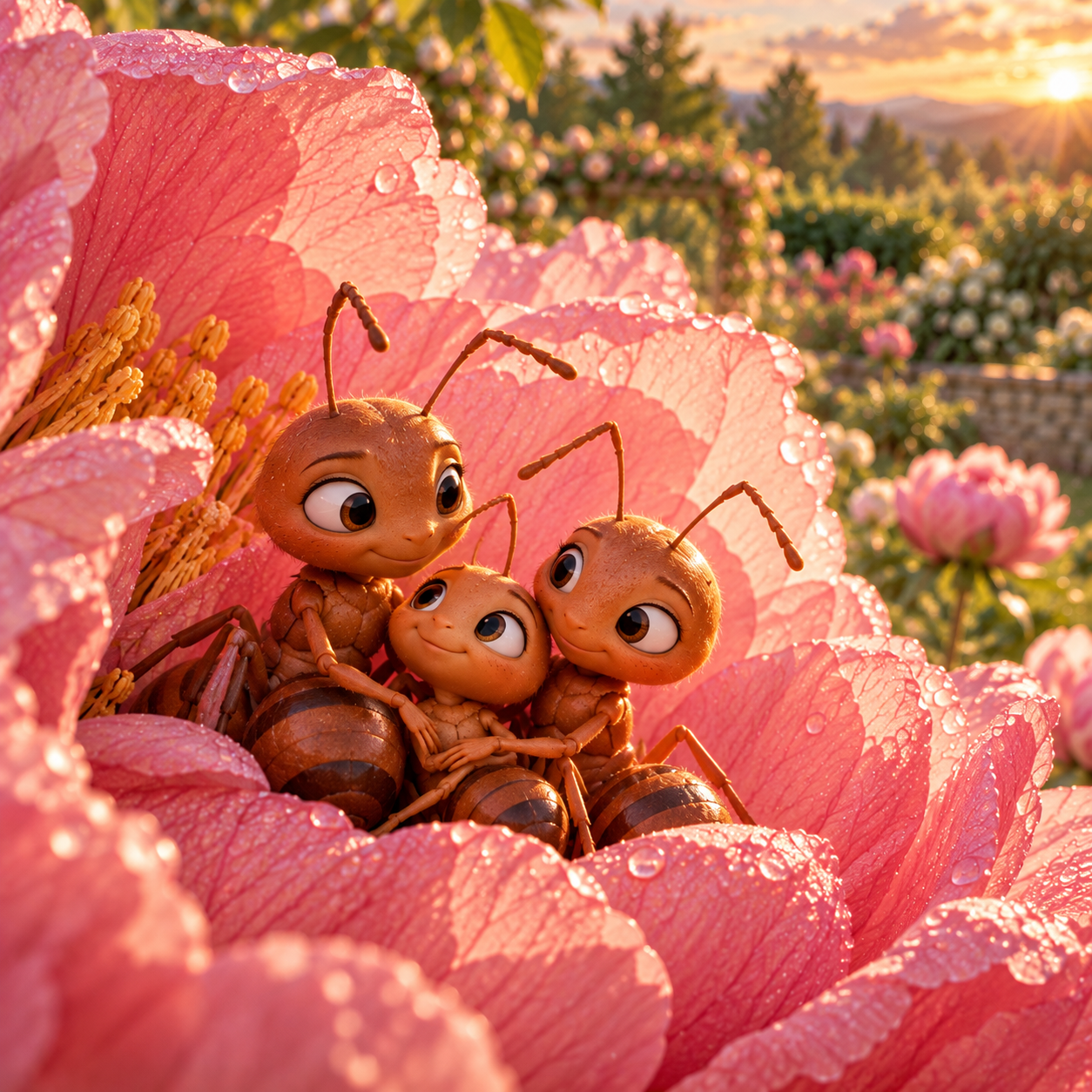 A tiny ant nestled deep among soft pink peony petals in Where the Quiet Things Grow™.
