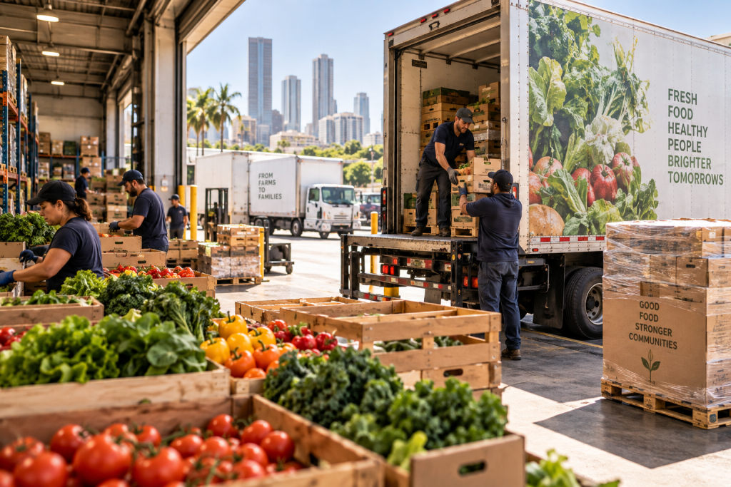 Workers unload and sort crates of fresh produce from refrigerated trucks at an urban food distribution center.