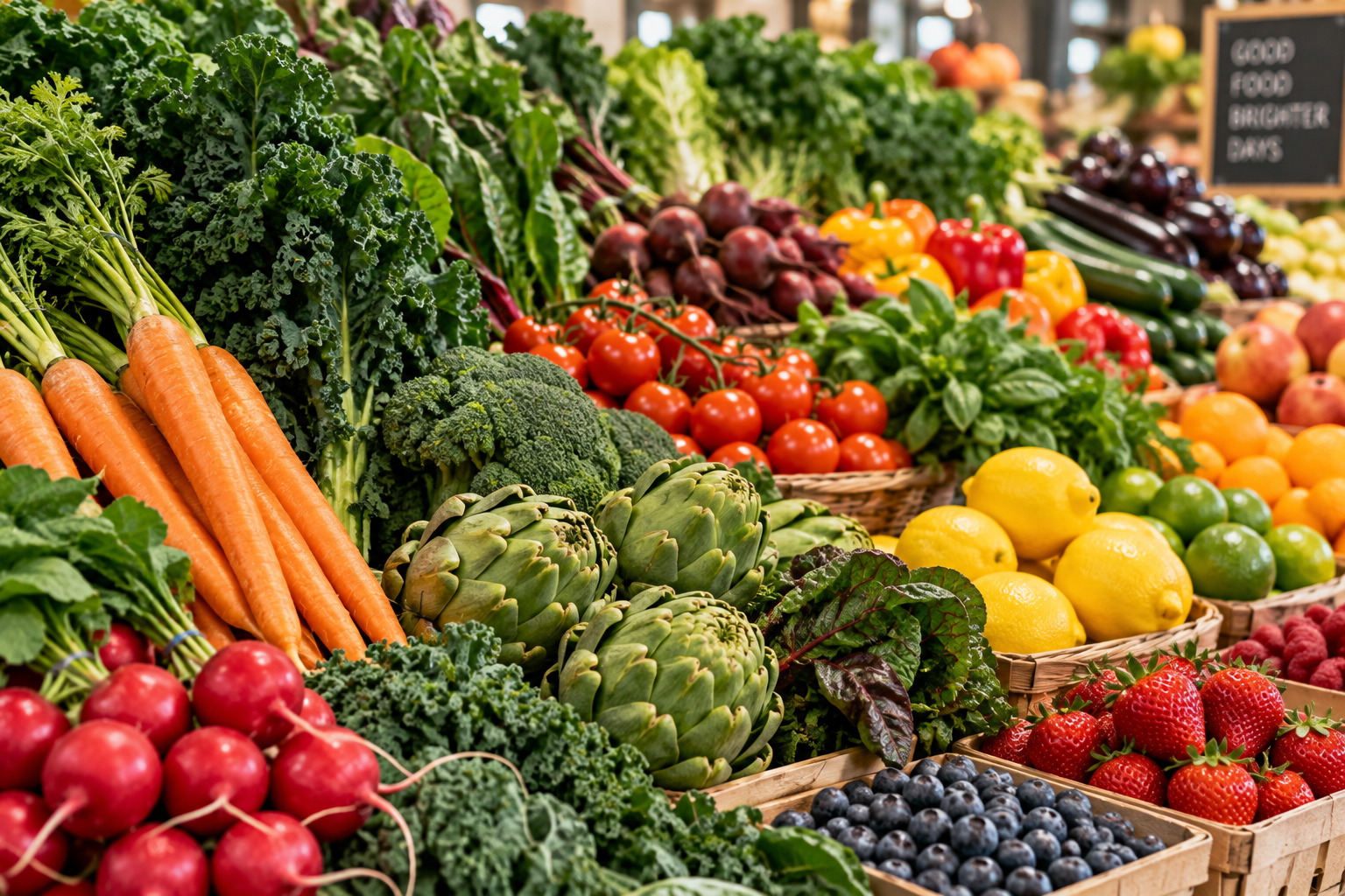 Colorful display of fresh fruits and vegetables, including leafy greens, carrots, tomatoes, peppers, artichokes, citrus, berries, and radishes.